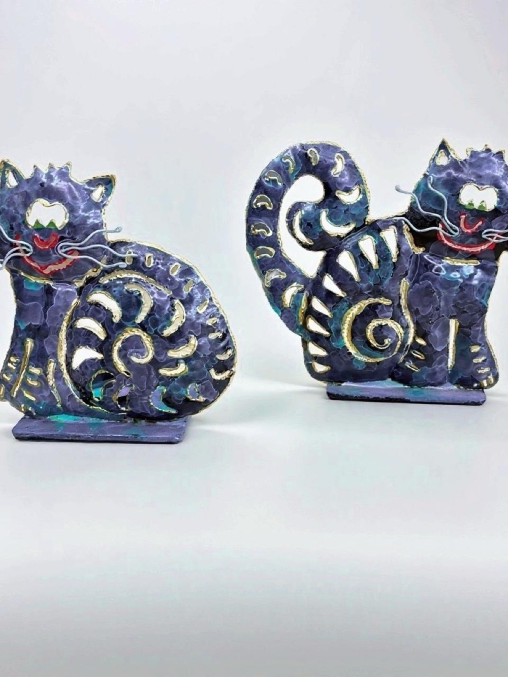 Vintage Set Of (2) Blue Purple Gold Cat Metal Votive Candle Holders